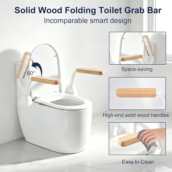 Toilet Safety Rails for Seniors with Space Saving Flip-Up Armrests, Toilet Support Rails for Seniors and Disabled, Pregnant Women, Grab Bars Toilet Safety Frame for Bathroom, Oak