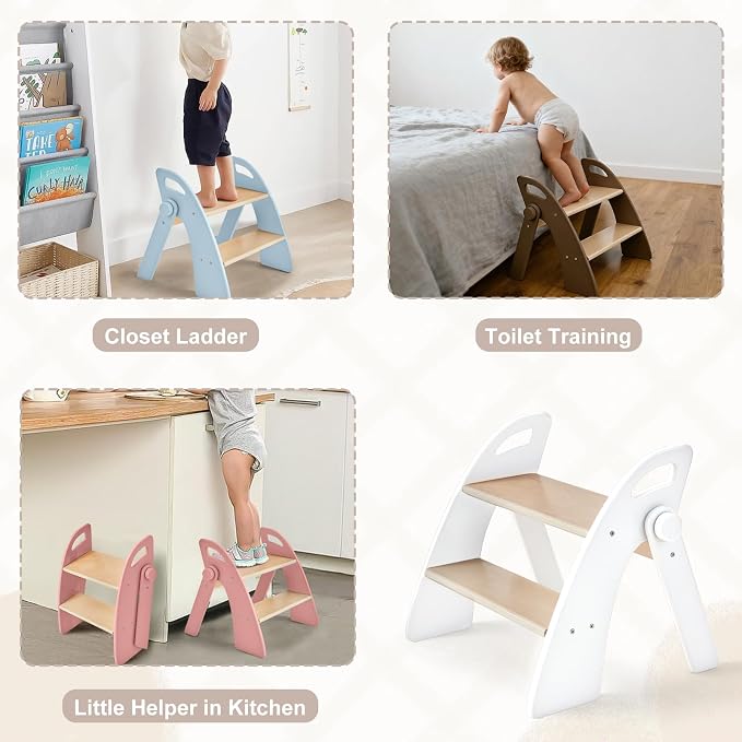 Wooden 2 Step Stool for Kids Bathroom Sink Foldable Anti-Slip 2-Step for Toilet Potty Training, Child Stepping Stool for Kitchen Nursery Bedroom, Sturdy Non Slip Adult Stool for Closet