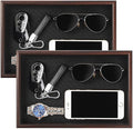 Wooden Valet Tray with Leather Base - Nightstand Catchall Organizer for Cologne, Perfume, Keys, Wallet, Phone, Watch, Jewelry & Sunglasses (2Pcs Black)