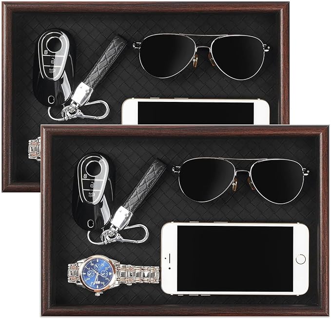 Wooden Valet Tray with Leather Base - Nightstand Catchall Organizer for Cologne, Perfume, Keys, Wallet, Phone, Watch, Jewelry & Sunglasses (2Pcs Black)