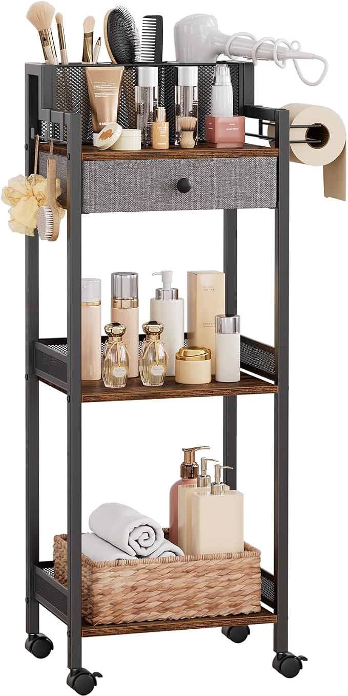 Bathroom Shelves with Drawer, 3 Tier Metal Rolling Standing Unit Storage Organizers with Toilet Paper Holder, Multifunctional Floor Corner Rack for Cosmetic, Dryer Curling Irons 12.8in Wide