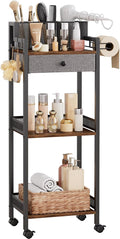 Bathroom Shelves with Drawer, 3 Tier Metal Rolling Standing Unit Storage Organizers with Toilet Paper Holder, Multifunctional Floor Corner Rack for Cosmetic, Dryer Curling Irons 12.8in Wide