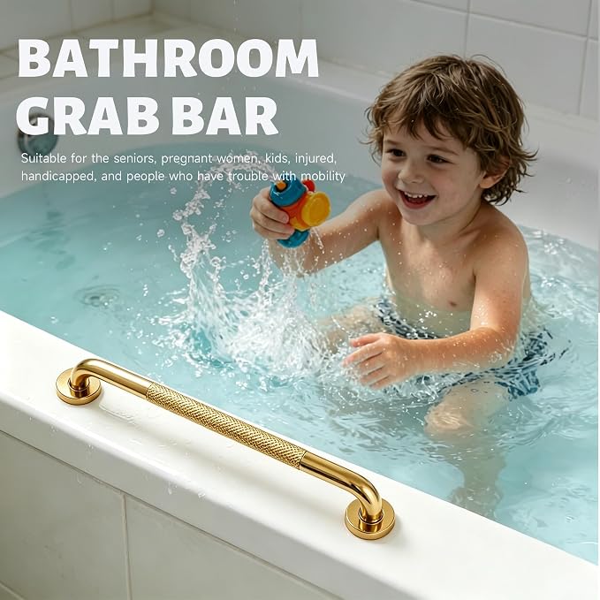 20 Inch Shower Grab Bar 1.25" Dia, Gold Anti Slip Bathroom Grab Bar, 304 Stainless Steel Knurled Handicap Grab Bars, Safety Support Handrail, Assist Bath Shower Handle for Elderly Injury Senior