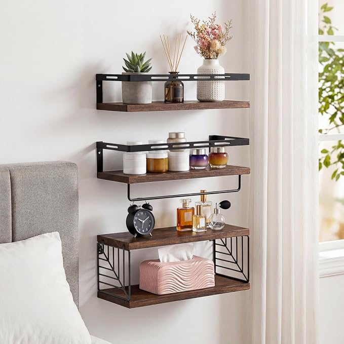 Fixwal Wall Mounted Bathroom Shelves Over Toilet, Rustic Wood Floating Shelves with Metal Frame and Towel Bar for Bathroom, Kitchen, Bedroom, Living Room (3 Plus 1 Dark Brown)