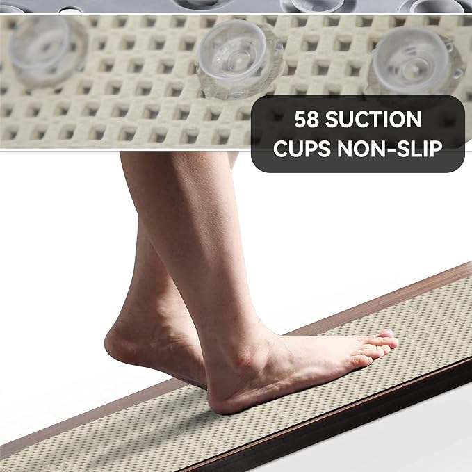 Bathtub Mat Non Slip Ivory 36” X 17” Shower Mat Soft Foam Bath Mats for Bathroom Tub, Bathtub Mat with Drain Holes, Suction Cups, Shower Mat Non Slip