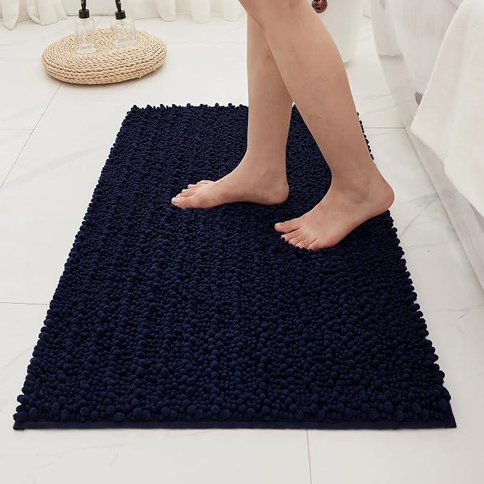 Bathroom Rugs Non Slip Washable 36x24, Extra Thick Soft Chenille Absorbent Bath Mat, High Density Barrier Non Slip Backing, Quick Dry Plush Shaggy Floor Carpet for Tub&Shower, Navy