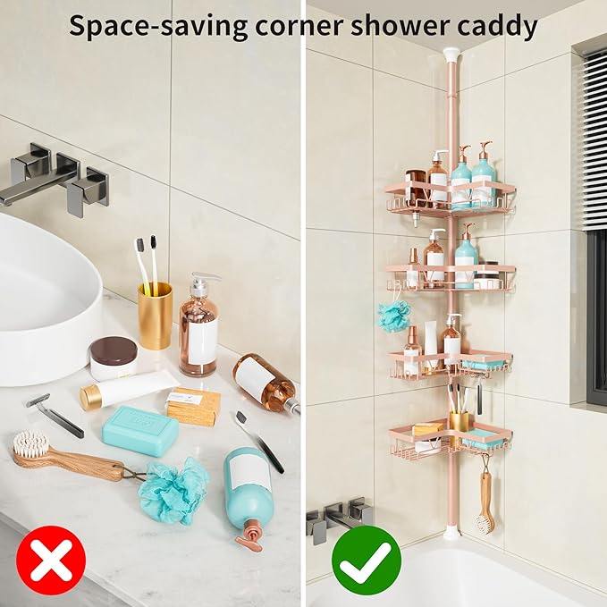 KEGII Corner Shower Caddy Tension Pole - 4-Tier Rustproof Bathroom Organizer, Floor to Ceiling Shower Caddy 25-114.2 inch, No Drilling Shower Storage Rack for Shampoo, Towels (Blush Nude)