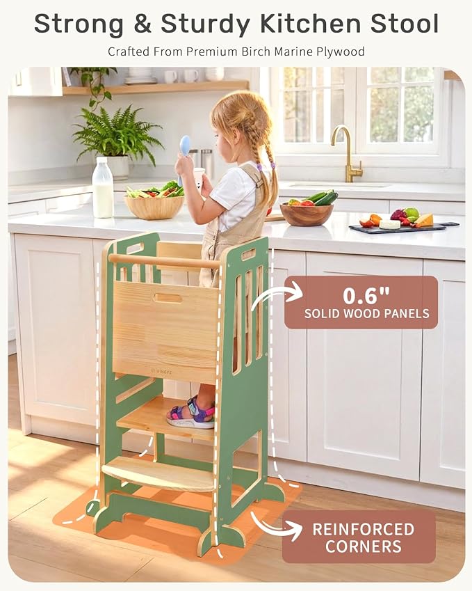 WINGYZ Toddler Tower - Anti-Tip Natural Wood Learning Stool Helper for Kids 18M-6Y, 150lb Capacity Kitchen Stool with 3-Height Adjustable Platform and Sliding Door Access, 20lb Portable Design, Green