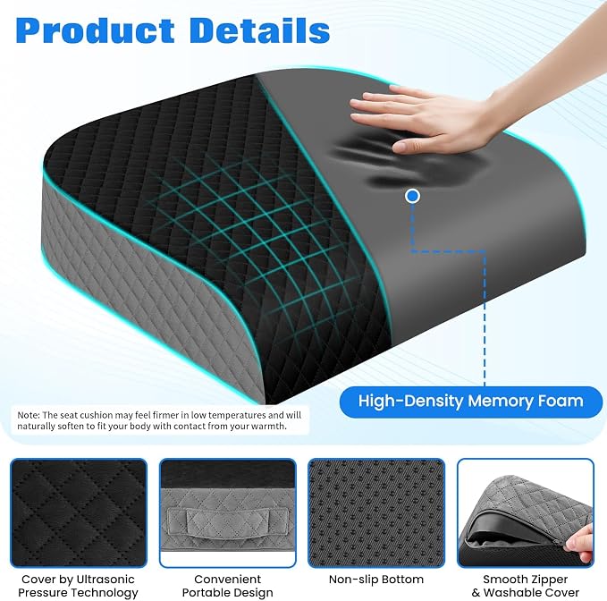Seat Cushion for Office Chair, Memory Foam Chair Cushions, Car Seat Cushion for Long Sitting, Desk Chair Cushion for Pressure Relief, Non-Slip Bottom, Washable Cover, X-Large, Black