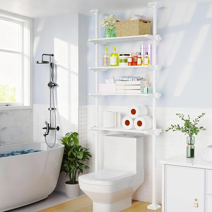 SUNALLY Over The Toilet Storage Shelf, 4-Tier Adjustable Over Toilet Bathroom Organizer,Tension-Mounted Bathroom Storage Rack for Ceilings, No Drill Space-Saving Shelving for Small Rooms,White