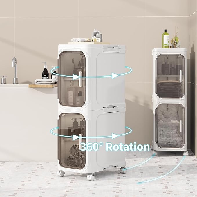 5-Tiers Slim Bathroom Storage Cabinet, Foldable Storage Cabinets,Narrow Bathroom Storage,Movable Bathroom Storage Organizer for Small Spaces,Bathroom,Kitchen,Laundry,White