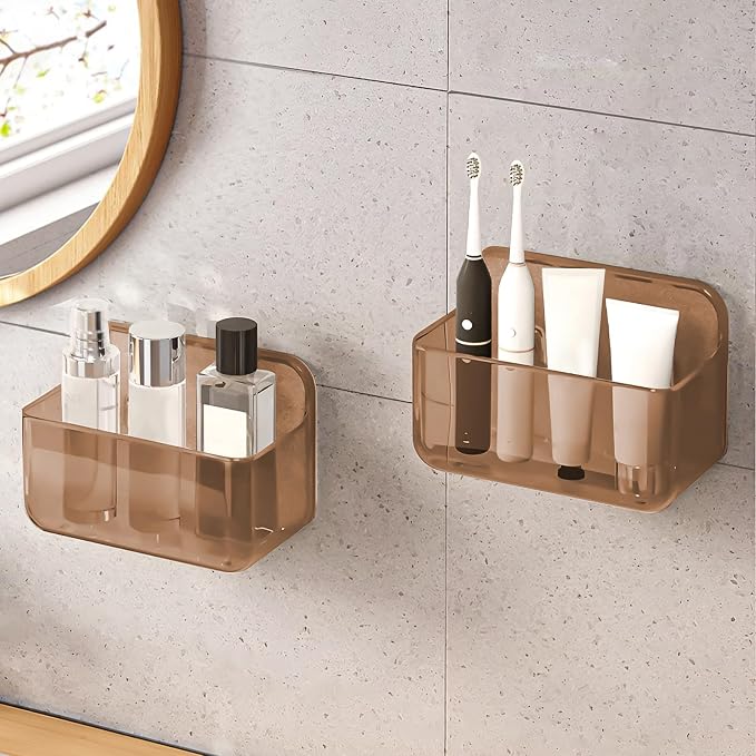 CGBE 2 Packs Cabinet Door Organizer, Acrylic Adhesive Shelf Wall Mounted Storage, Self Adhesive Shower Shelves Without Drilling, Automatic Draining Clear Shower Organizer for Bathroom (Amber)