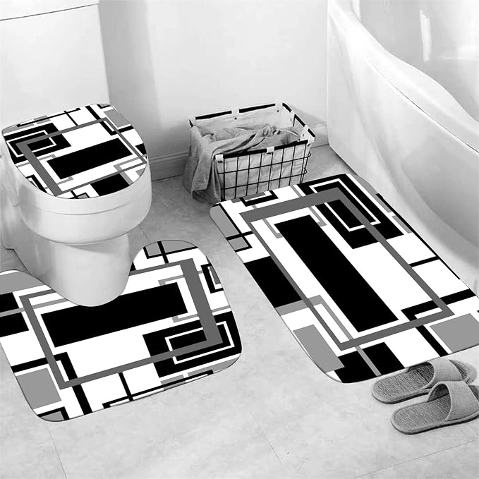 Yddsky 4 Pcs Black Geometric Shower Curtain Sets with Rugs Black Bathroom Sets with Shower Curtain and Rugs Modern Bathroom Curtains Shower Set with Toilet Lid Cover for Bathroom Decor Accessories