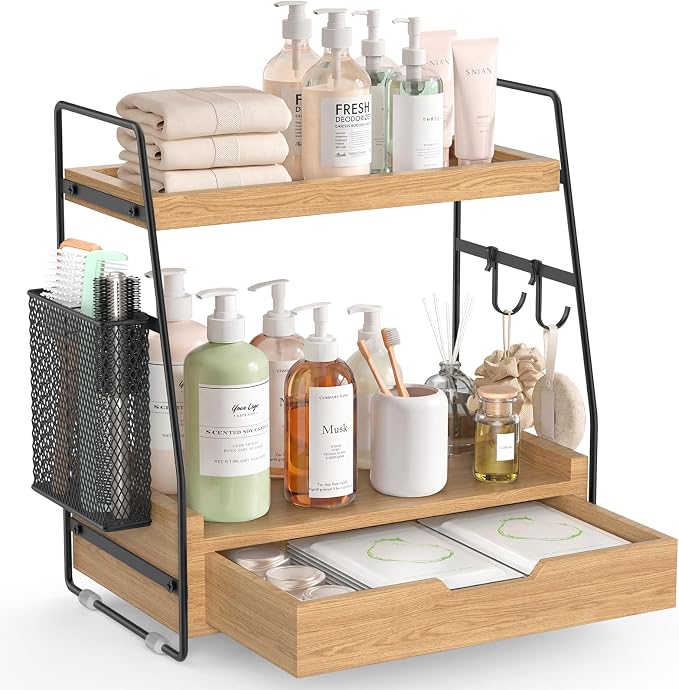 2-Tier Bathroom Counter Organizer with Drawer and Removable Basket, Wood Vanity Countertop Storage for Perfume, Makeup, Skincare, Bathroom Counter Shelf, 13" x 7.9" x 14.5", Light Brown