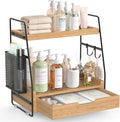 2-Tier Bathroom Counter Organizer with Drawer and Removable Basket, Wood Vanity Countertop Storage for Perfume, Makeup, Skincare, Bathroom Counter Shelf, 13" x 7.9" x 14.5", Light Brown