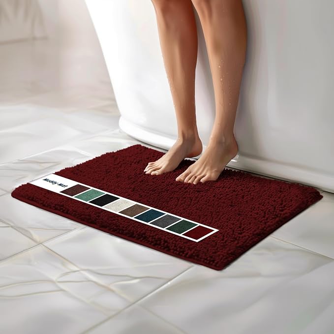 Muddy Mat® | Chenille Bathroom Rugs Quick Dry Microfiber Mats Non Slip Washable, Extra Thick, Soft and Highly Absorbent Bath Mats for Bathroom, Kitchen, and Shower Floor - Red 18"x28"