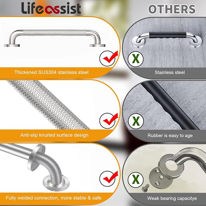 2 Pack 18 inch Shower Grab Bar with Knurled Anti-Slip Grip, ADA 500lbs Supporting, Grab Bar for Bathroom with Concealed Screws, Stainless Steel Chrome Polished Handicap Grab Bar for Gifts