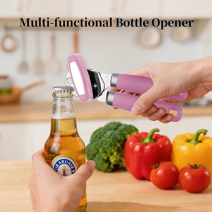 Can Opener Manual, Hand Heavy Duty Stainless Steel Bottle Opener Comfortable Handle, Sharp Blade Smooth Edge, Multifunctional Kitchen Tool, Pink