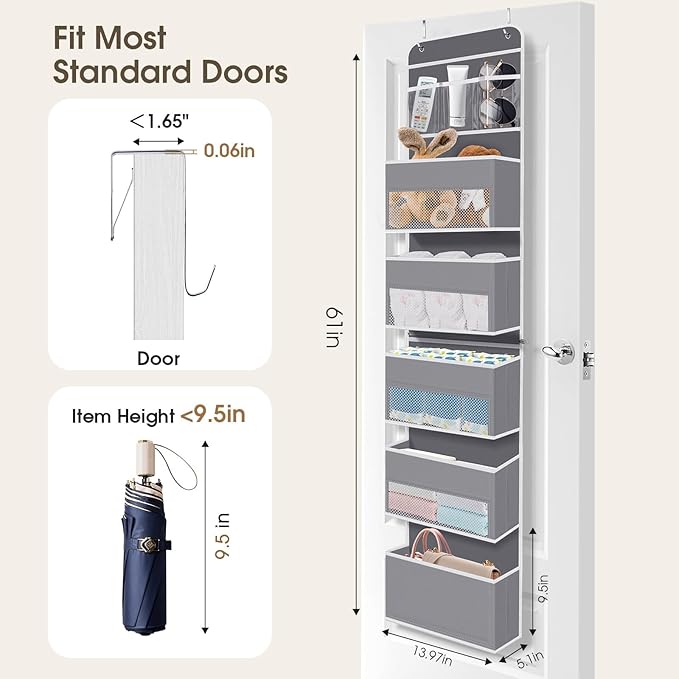 SpaceHacks 6-Tier Over The Door Organizer, Hanging Storage Organizer with Clear Window, 40lb Ultra Sturdy Large Capacity Room Organizer for Pantry Bathroom Nursery Closet Baby Essential (Grey)