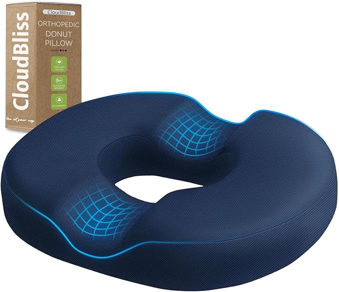 CloudBliss Donut Pillow Stadium Seat Cushion for Tailbone Pain Relief and Hemorrhoids, Memory Foam Seat Chair Cushion, Portable Seat Cushions for Bleachers, Car, Home & Office