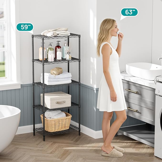 SINGAYE 5 Tier Storage Shelves Wire Shelving Unit Shelve Metal Kitchen Laundry Room Organization Home Pantry Closet Bathroom Organizers Garage Rack Estantes para Cocina 14" D x 24" W x 59.5" H Black