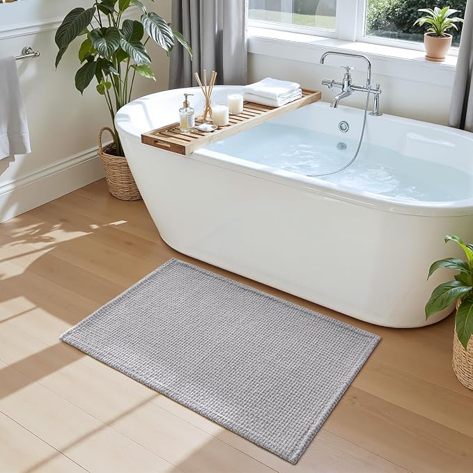 DEXI Bathroom Rugs 43x24, Non Slip Washable Bath Mat, Absorbent Chenille Bathmat, Ultra Soft Thick Carpet for Tub Shower Floor, Light Grey