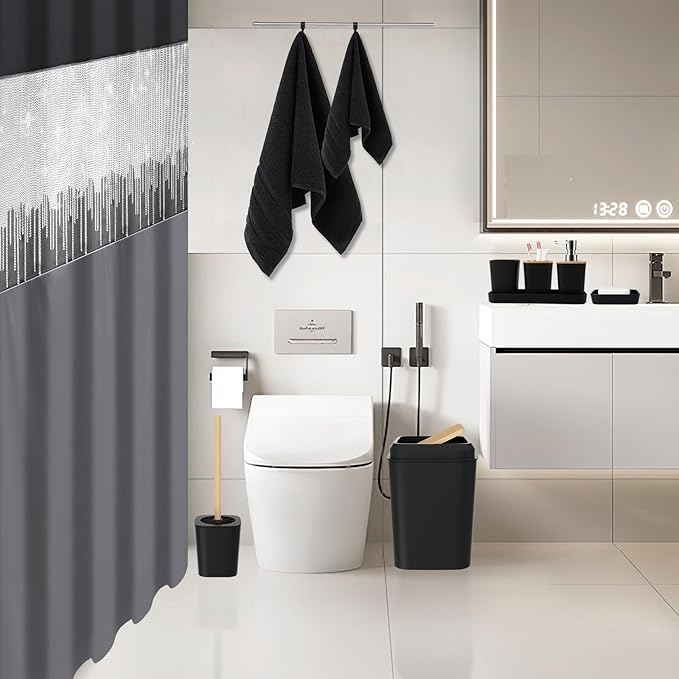 XLHOMO Black Bathroom Accessories with Glitter Shower Curtain,Towel Set 24 PCS Bathroom Set with Shower Curtain Set Bathroom Set Black Shower Curtain with Bathroom Trash Can