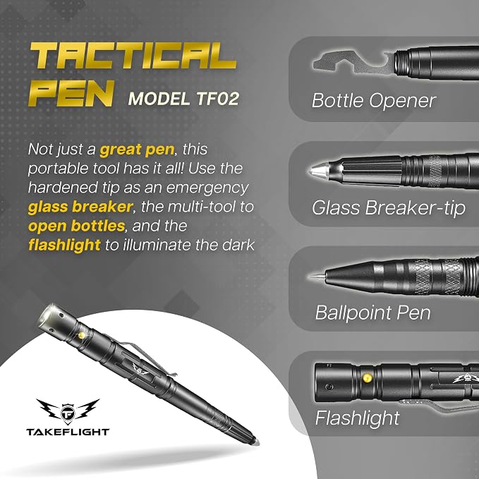Tactical Pen – Self Defense Survival EDC Pen with LED Flashlight, Glass Breaker & Bottle Opener – Military Multitool Pen for Men & Women – Veteran-Owned TakeFlight – 2 Ink Refills + Extra Battery