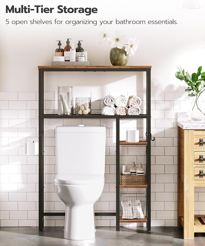 HOOBRO Over The Toilet Storage Cabinet, Freestanding Bathroom Organizer with Toilet Paper Holder, Hooks, 5-Tier Bathroom Storage Shelves for Laundry Room, Space Saver, Rustic Brown and Black BF84TS01