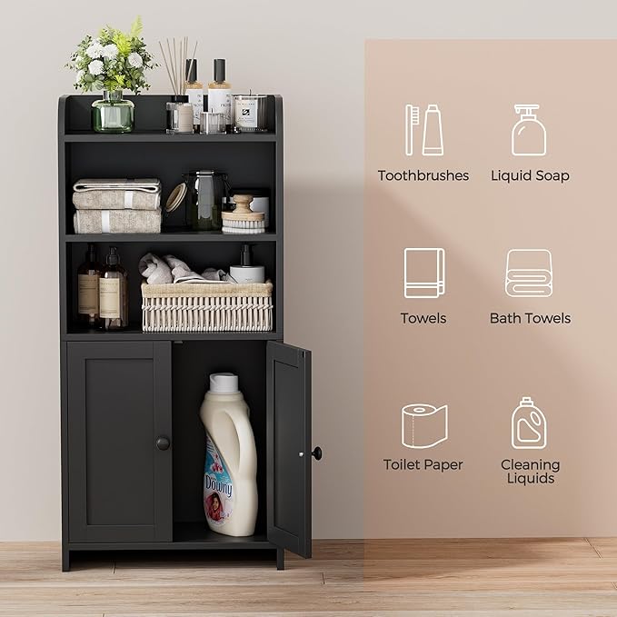 Homhedy Small Bathroom Storage Cabinet, Freestanding Toilet Paper Storage with 2 Doors and Shelves, Bathroom Organizers and Storage for Small Spaces, Laundry Room, 7.9" D x 14.6" W x 31" H, Black