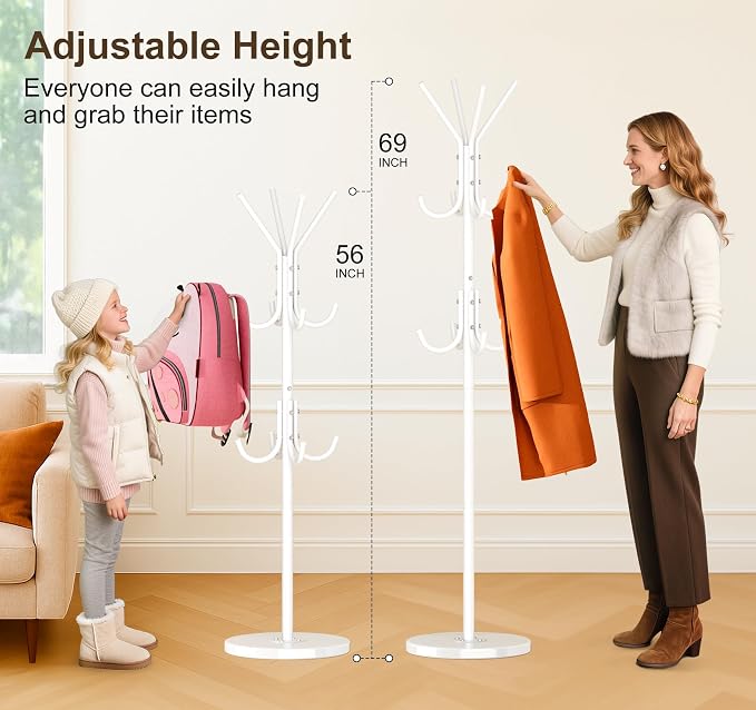 MISSLO Heavy Duty Coat Rack Freestanding with Stable Wood Base Modern White Coat Tree with 12 Hooks Adjustable Coats Hanger Stand Stylish Standing Clothes Tree for Entryway Bedroom Corner Hall