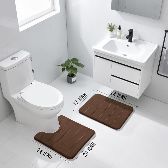 Yimobra U-Shaped Toilet Bath Mat Set 2 Piece - Super Soft Absorbent Quick Dry Memory Foam Bathroom Rugs, Machine Washable Non Slip Floor Carpet for Tub Shower & Single Sink (17x24 & 24x20, Brown)