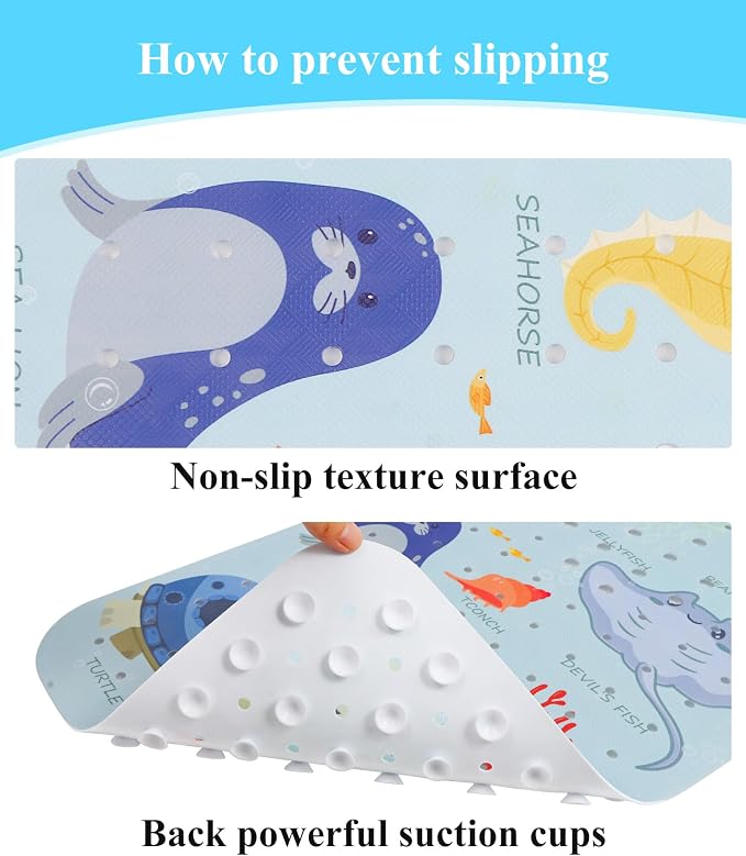 Secopad Bath Mat for Tub Non Slip, Machine Washable Anti-Slip Cartoon Baby Bathtub Shower Mat with Drain Holes and Suction Cups for Toddler & Kids, 40 Inch x 16 Inch, Blue Sea Animals