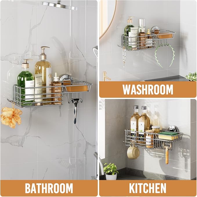 LEVERLOC Shower Caddy Suction Cup, Organizer with Hooks & Soap Holder for Inside Shower, Removable Bathroom Shelf-Silver