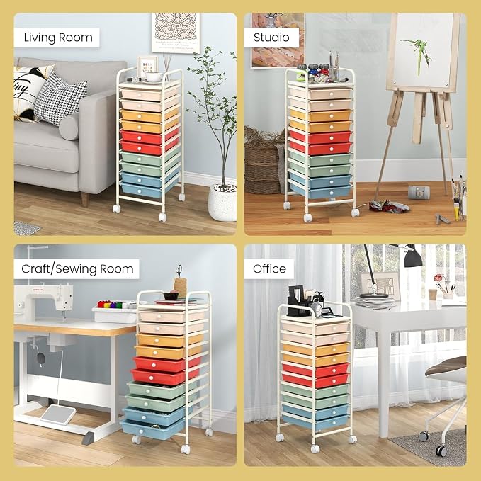 10-Drawer Rolling Storage Cart, Trolley w/Lockable 360° Wheels, 10 Removable PP Drawers, Sturdy Metal Frame, Rolling Utility Cart Perfect for Home, Office, Classroom (Macaron)