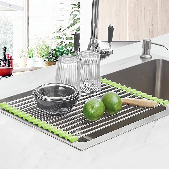 Seropy Roll Up Dish Drying Rack Over The Sink Drying Rack for Kitchen Counter, Rolling Dish Rack Over Sink Mat, Foldable Dish Drainer Stainless Steel Rack Kitchen Organization Green 17.5"x11.8"