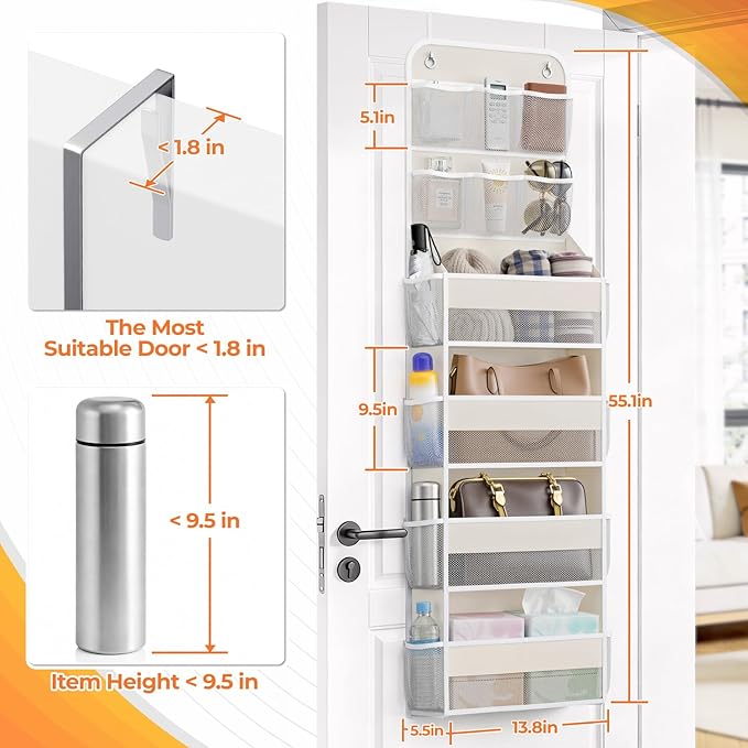 SpaceHacks 6-Tier Over the Door Organizer with Mesh Pockets, Baby Nursery Storage for Closet, Bathroom and Bedroom, Adjustable Hanging Closet Organizer for Cosmetics, Books and Essentials (Beige)