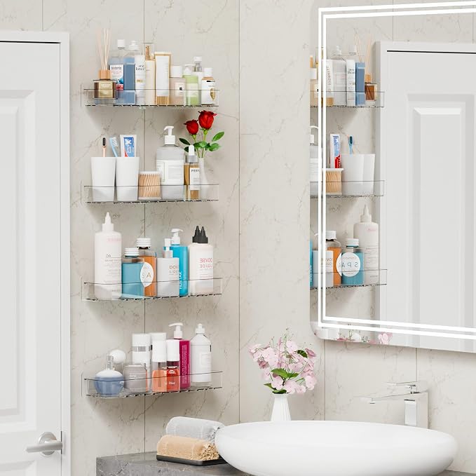 Yieach 2 Pack Clear in Shower Organizers,Adhesive Shower Caddy,No Rust Acrylic Shower Shelves & Storage Rack,Plastic Bathroom Shelves,Bathtub Storage Organizer,Shampoo,Conditioner Holder for Washroom