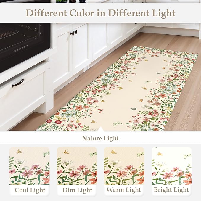 KIMODE Kitchen Mats for Floor Anti Fatigue, Flower Butterfly Kitchen Rugs Sets of 2, Cushioned Kitchen Floor Mats, Comfort Standing Mat for Sink Laundry Office Desk 20"x47"+20"x32" Beige