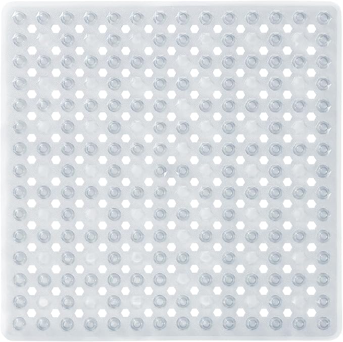 Yimobra Square Shower Floor Mat Non Slip, 21"X21" Machine Washable Bath Tub Mat, Soft on Feet, Bathmat with Drain Holes and Suction Cups, Fast Draining, Clear