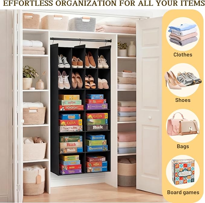 Ofiray-home 6 Tier Hanging Closet Organizer, 16 Compartments Sweater Organizer for Closet with 3 Sturdy Hooks, Closet Organizers and Storage, Wardrobe, Rv, Garment Rack, Black
