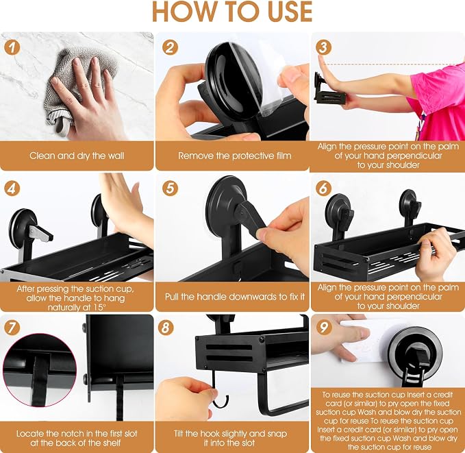 Suction Cup Shower Caddy, 15.7 inch Extended Version, 5 Hooks & Towel Rrack, No Drilling Required, Rust-resistant Bathroom Shower Organizer,with 2 Extra Suction Cups for Replacement Use(2Pack-Black)
