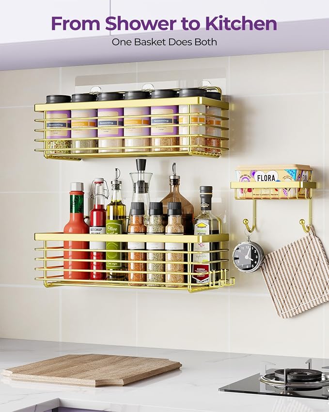 ODesign Shower Caddy 3 Pack SUS304 Stainless Steel-No Drilling-Shower Bathroom Shelves Rack,Rustproof Wall Mounted,Adhesive Shower Shelf Basket Organizer-Golden