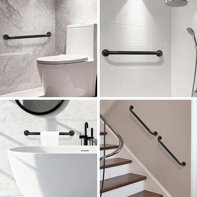 24 Inch Shower Grab Bar, ZUEXT Stainless Steel Bathroom Safety Handle w/Knurled Non-Slip Grip, Heavy Duty Wall Mounted Bathtub Toilet Support Rail for Elderly Seniors Disabled (Black, 1.25" Diameter)