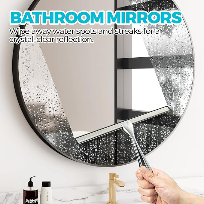 ALFLOD 2PACK Shower Squeegee for Glass Doors, Squeegee for Shower Glass，All-Purpose Tile Walls, Bathroom, Window, Glass and Car Windshield, Mirrors and Kitchen-Stainless Steel, 10 Inches, Silver