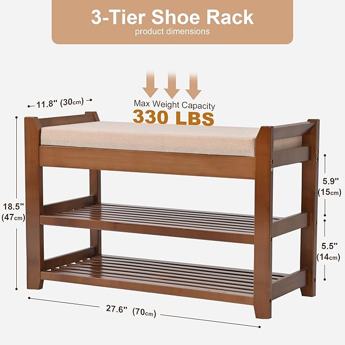 PETKABOO Shoe Rack Bench with Cushion, Shoe Rack for Front Door Entrance, Shoe Bench with Storage for Entryway Hallway Bedroom Living Room