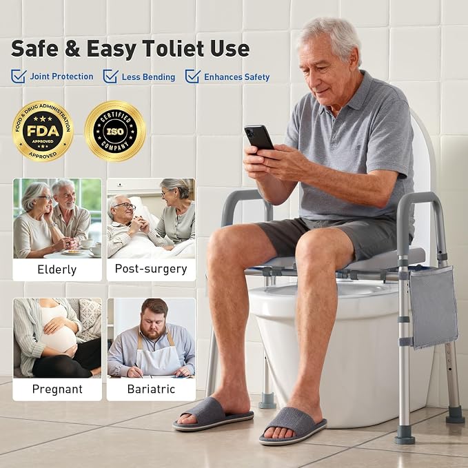 WHLICKS 500lbs Raised Toilet Seat with Handles – Adjustable Width Elevated Seat, Cozy Padded Toilet Seat Risers for Seniors, Handicap & Disabled, Fits All Toilets, Gray