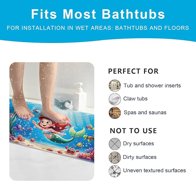 XIYUNTE Baby Bath Mat for Tub Non Slip Kids Bath Mat - 40''x16'' Extra Long Cartoon Turtle Baby Bath Tub Mat Eco-Friendly Toddler Bath Mats with Suction Cups & Drain Holes, Easy to Clean & Easy Drying