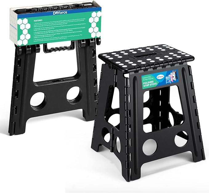 Dyforce 16 Inch Folding Step Stool, 400 lbs Heavy Duty Plastic Step Stool for Adults, Non-Slip Foldable Stepping Stool with Anti-Pinch Handle for Kitchen Bathroom Bedroom Office, Black 1PC