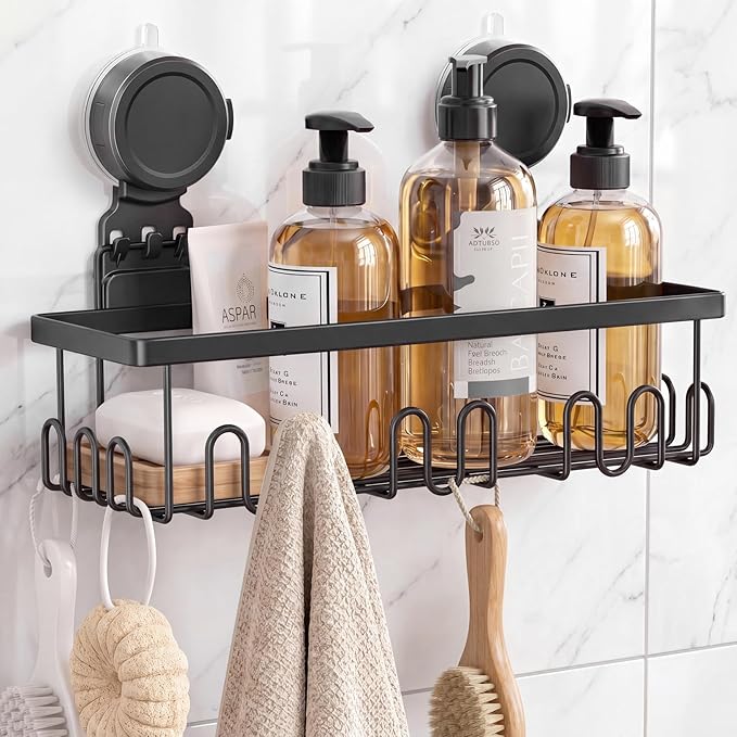 JOTPE Shower Caddy Suction Cup, Powerful Suction Storage Shelf Holds Up to 40 lbs, No Drilling Bathroom Organizer with Large Capacity, Removable & Reusable Shower Basket with Hooks, Rustproof, Black